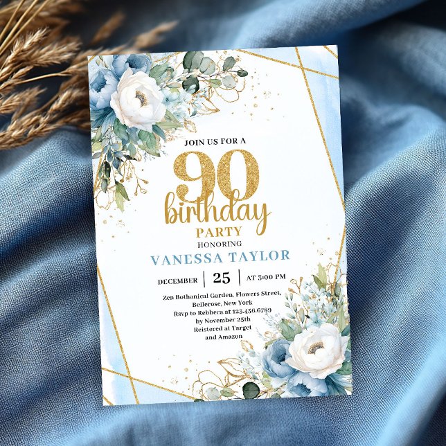 90th Birthday Party Invite Watercolor Blue Flowers (90th Birthday Party Invite Watercolor Blue Flowers Glitter

)
