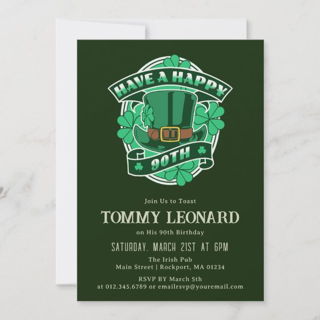 90th Birthday Party Leprechaun Hat Shamrock Irish Invitation (Front)