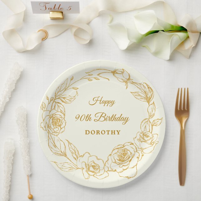 90th Birthday Party Luxe Gold Rose Floral Ivory Paper Plate (Wedding)
