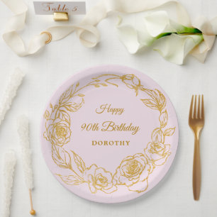 90th Birthday Party Luxe Gold Rose Floral Pink Paper Plate