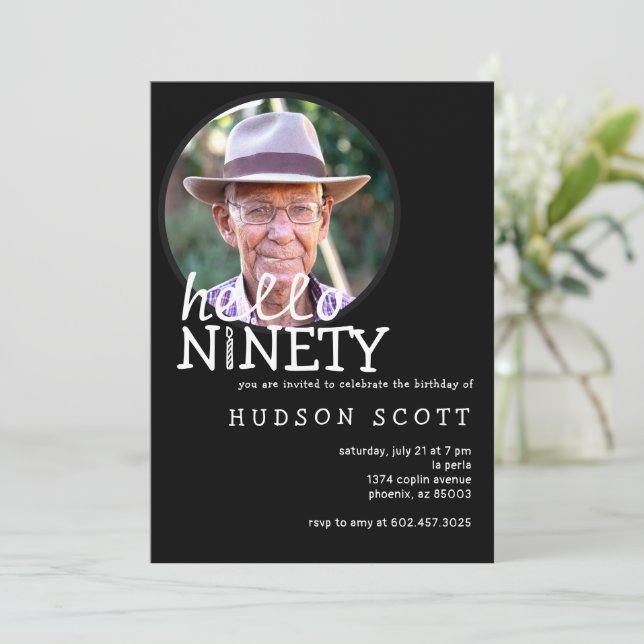 90th Birthday Party Mens Photo Hello Ninety Black Invitation (Standing Front)