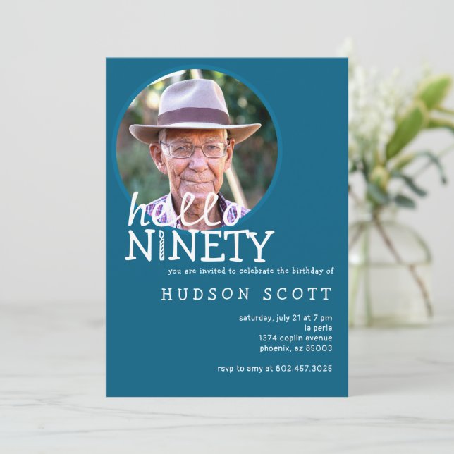90th Birthday Party Mens Photo Ninety Ocean Blue Invitation (Standing Front)