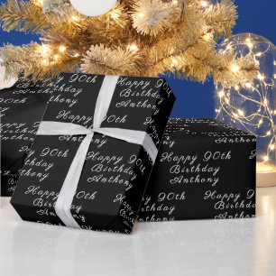 90th Birthday Party Name Black Modern Pattern Wrapping Paper