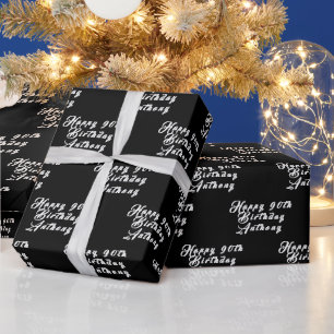 90th Birthday Party Name Black Modern Pattern Wrapping Paper