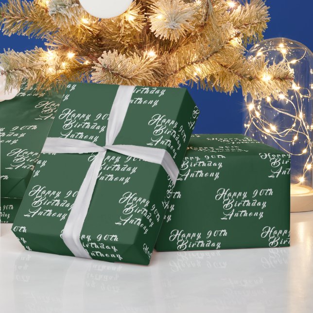 90th Birthday Party Name Green Modern Pattern Wrapping Paper (Holidays)