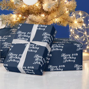 90th Birthday Party Name Navy Blue Modern Pattern Wrapping Paper