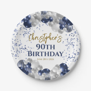 90th Birthday Party Navy Balloons Paper Plate