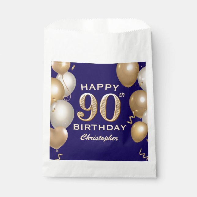 90th Birthday Party Navy Blue and Gold Balloons Favour Bag (Front)