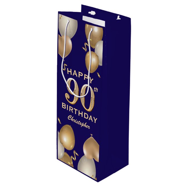 90th Birthday Party Navy Blue and Gold Balloons Wine Gift Bag (Front Angled)