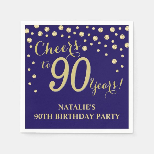 90th Birthday Party Navy Blue and Gold Diamond Napkin (Front)