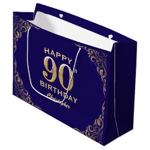 90th Birthday Party Navy Blue and Gold Glitter Large Gift Bag