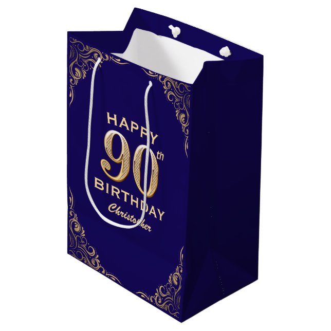 90th Birthday Party Navy Blue and Gold Glitter Medium Gift Bag (Front Angled)
