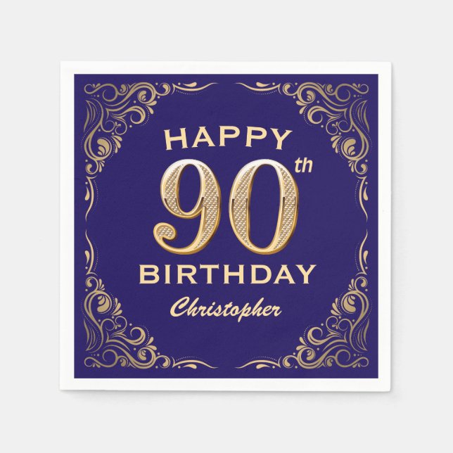 90th Birthday Party Navy Blue and Gold Glitter Napkin (Front)