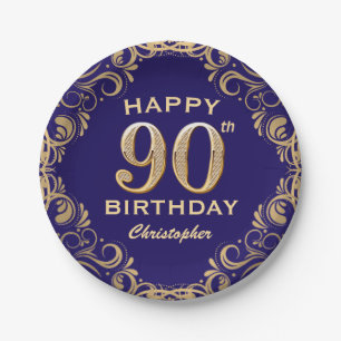 90th Birthday Party Navy Blue and Gold Glitter Paper Plate