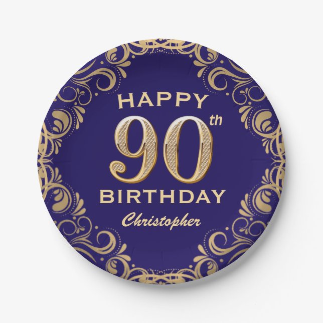 90th Birthday Party Navy Blue and Gold Glitter Paper Plate (Front)