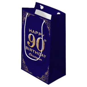 90th Birthday Party Navy Blue and Gold Glitter Small Gift Bag