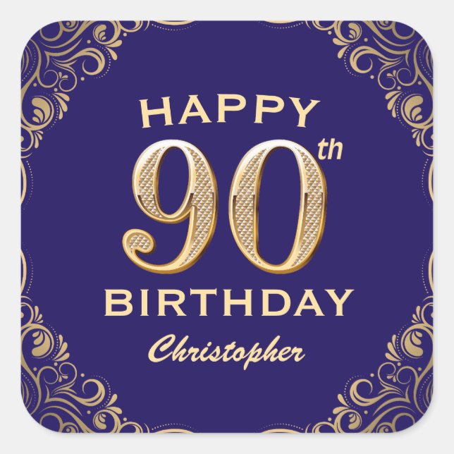 90th Birthday Party Navy Blue and Gold Glitter Square Sticker (Front)