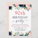 90th Birthday Party Navy Blue Blush Pink Floral Invitation<br><div class="desc">Navy Blue and Blush Pink Floral Flowers and Greenery Watercolor 90th Birthday Party Invitations include beautiful and elegant script typography with modern botanical blush pink flowers and Navy Blue for the special turning ninety birthday celebration.</div>