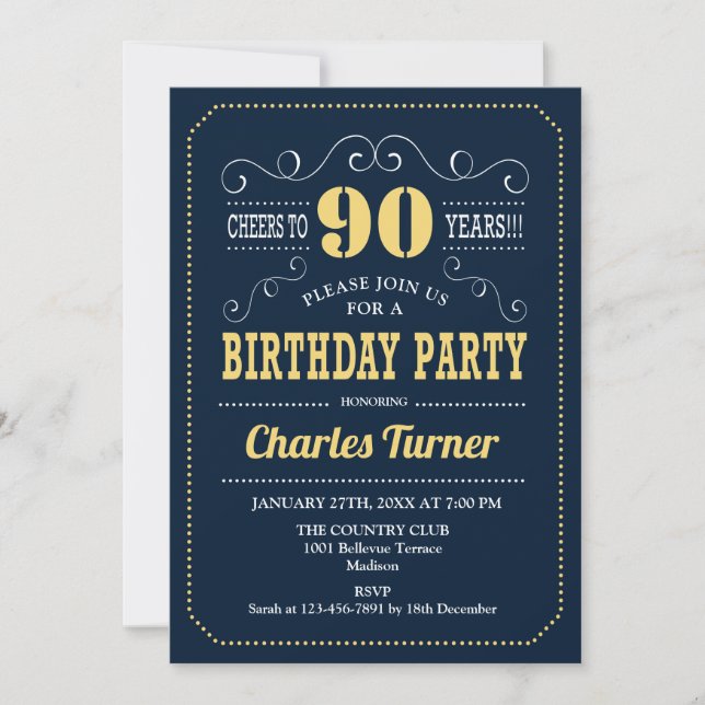 90th Birthday Party - Navy Gold Invitation (Front)