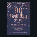 90th Birthday Party - Navy & Rose Gold Invitation<br><div class="desc">90th Birthday Party Invitation.
Elegant design in navy blue and faux glitter rose gold. Features stylish script font and confetti. Message me if you need custom age.</div>
