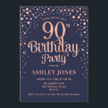 90th Birthday Party - Navy & Rose Gold Invitation<br><div class="desc">90th Birthday Party Invitation.
Elegant design in navy blue and faux glitter rose gold. Features stylish script font and confetti. Message me if you need custom age.</div>