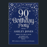 90th Birthday Party - Navy & Silver Invitation<br><div class="desc">90th Birthday Party Invitation.
Elegant design in dark navy blue and faux glitter silver. Features stylish script font and confetti. Message me if you need custom age.</div>