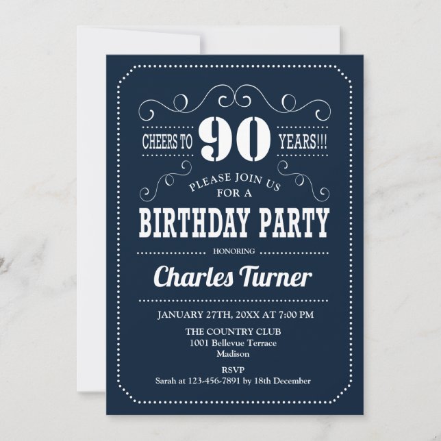90th Birthday Party - Navy White Invitation (Front)