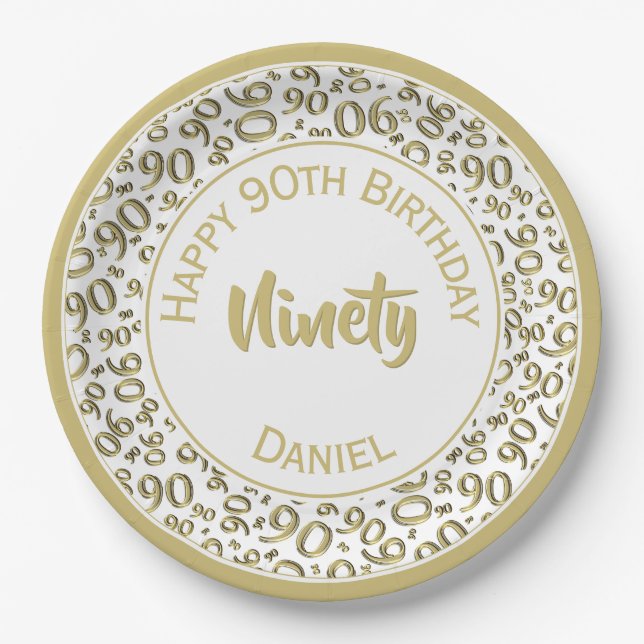 90th Birthday Party Number Pattern Gold and White Paper Plate (Front)