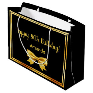 90th birthday party on black gold frame name bow large gift bag