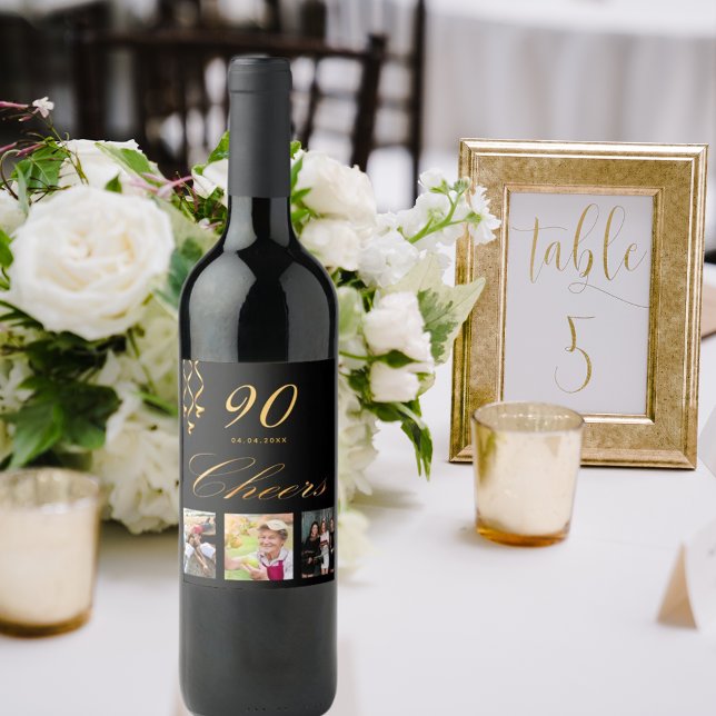 90th birthday party photo black gold cheers script wine label (Creator Uploaded)