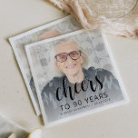 90th Birthday Party Photo Black Script Cheers Napkin<br><div class="desc">This custom 90th birthday napkin features the guest of honour's personalized photo,  name,  and birthday,  along with the word "Cheers" in elegant black calligraphy script. A white screen helps make the text pop. A great way to celebrate someone who's turning ninety!</div>