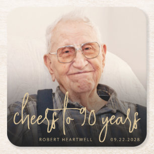 90th Birthday Party Photo Cheers Gold Script Square Paper Coaster