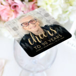 90th Birthday Party Photo Cheers Square Paper Coaster<br><div class="desc">This custom 90th birthday paper coaster features the guest of honour's personalized photo,  name,  and birthday,  along with the word "Cheers" in elegant gold-coloured calligraphy script. A dark screen helps make the text pop. A great way to celebrate someone who's turning ninety!</div>