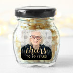 90th Birthday Party Photo Cheers Square Sticker<br><div class="desc">This custom 90th birthday sticker features the guest of honour's personalized photo and birthday,  along with the word "Cheers" in elegant gold-coloured calligraphy script. A dark screen helps make the text pop. A great way to celebrate someone who's turning ninety!</div>