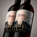 90th Birthday Party Photo Cheers Wine Label<br><div class="desc">This custom 90th birthday wine label features the guest of honour's personalized photo,  name,  and birthday,  along with the word "Cheers" in elegant gold-coloured calligraphy script. A dark screen helps make the text pop. A great way to celebrate someone who's turning ninety!</div>