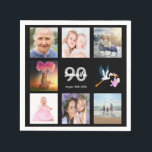 90th birthday party photo collage black napkin<br><div class="desc">A napkin for a girly 90th birthday party,  celebrating her life with a collage of 8 of your photos.  Templates for a name,  age 90 and a date.  Date of birth or the date of the party.  White and grey coloured letters.  Black background.</div>