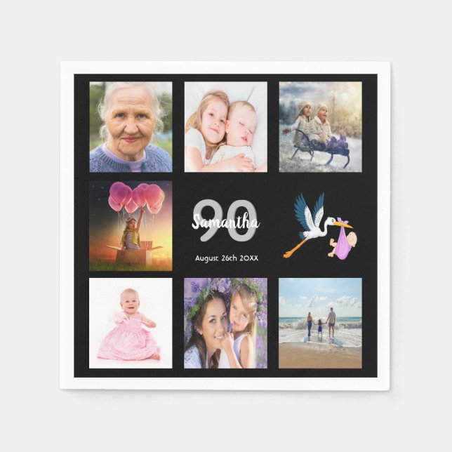 90th birthday party photo collage black napkin (Front)