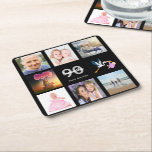 90th birthday party photo collage black square paper coaster<br><div class="desc">A party coaster for a girly 90th birthday party,  celebrating her life with a collage of 8 of your photos.  Templates for a name,  age 90 and a date.  Date of birth or the date of the party.  White and grey coloured letters.  Elegant black background.</div>