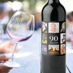 90th birthday party photo collage guy black wine label<br><div class="desc">A wine bottle label for a 90th birthday party for a guy,  celebrating his life with a collage of 8 of your own photos.  Templates for a name,  age 90 and a date.  Date of birth or the date of the party.  White colored letters. Black background.</div>