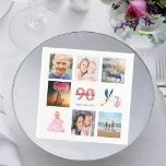 90th birthday party photo collage napkin<br><div class="desc">A napkin for a girly 90th birthday party,  celebrating her life with a collage of 8 of your photos.  Templates for a name,  age 90 and a date.  Date of birth or the date of the party.  Coral and burgundy coloured letters.  White background.</div>