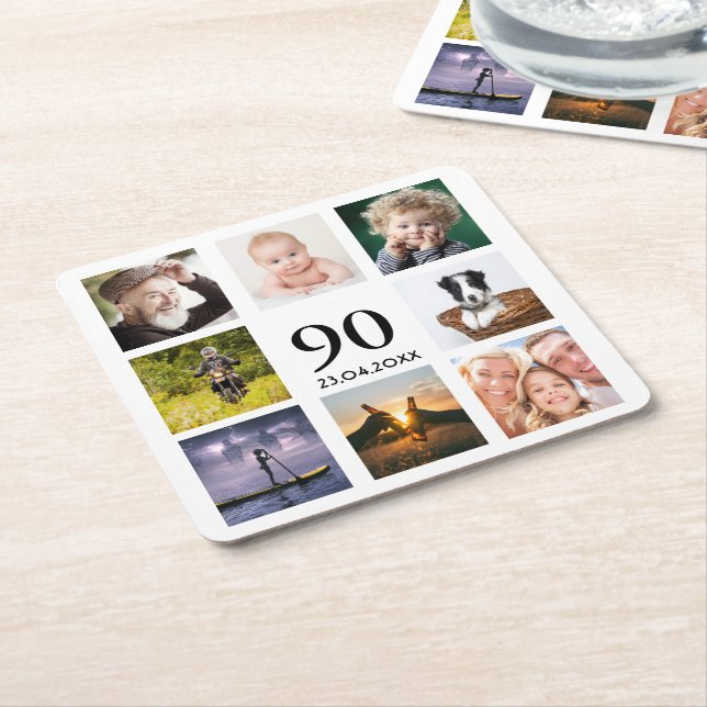 90th birthday party photo collage white square paper coaster (Angled)