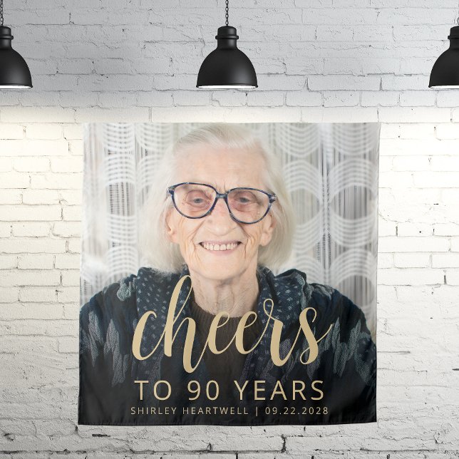 90th Birthday Party Photo Gold Script Cheers Tapestry (Creator Uploaded)