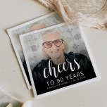 90th Birthday Party Photo White Script Cheers Napkin<br><div class="desc">This custom 90th birthday napkin features the guest of honour's personalized photo,  name,  and birthday,  along with the word "Cheers" in elegant white calligraphy script. A dark screen helps make the text pop. A great way to celebrate someone who's turning ninety!</div>