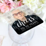 90th Birthday Party Photo White Script Cheers Square Paper Coaster<br><div class="desc">This custom 90th birthday paper coaster features the guest of honour's personalized photo,  name,  and birthday,  along with the word "Cheers" in elegant white calligraphy script. A dark screen helps make the text pop. A great way to celebrate someone who's turning ninety!</div>