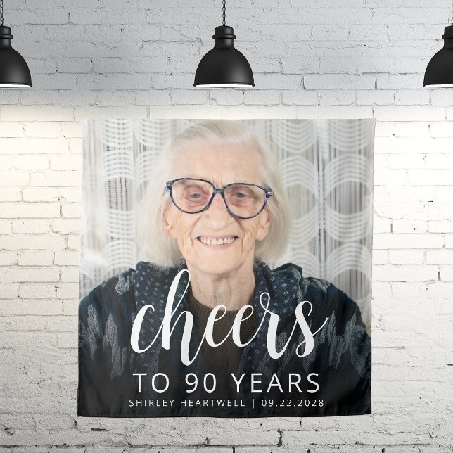 90th Birthday Party Photo White Script Cheers Tapestry (Creator Uploaded)