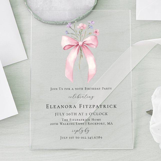 90th Birthday Party Pink Coquette Bow Wildflower Acrylic Invitations (Creator Uploaded)