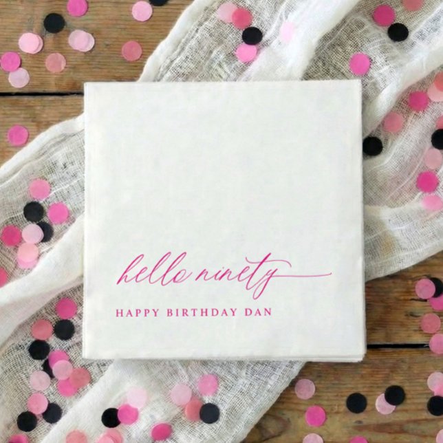 90th Birthday Party Pink Hello 90 Modern Elegant Napkin (Pink hello 90 minimalist script 90th birthday party napkins)