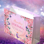 90th birthday party pink purple florals name large gift bag<br><div class="desc">An elegant floral themed gift bag for a 90th birthday party or tea party. A romantic violet, pink and peach colored background, purple and pink letters. With pretty Flowers in blue and ultra violet bluebells, pink peonies and roses. A little lavender colored bird is singing. Templates for a name, age...</div>