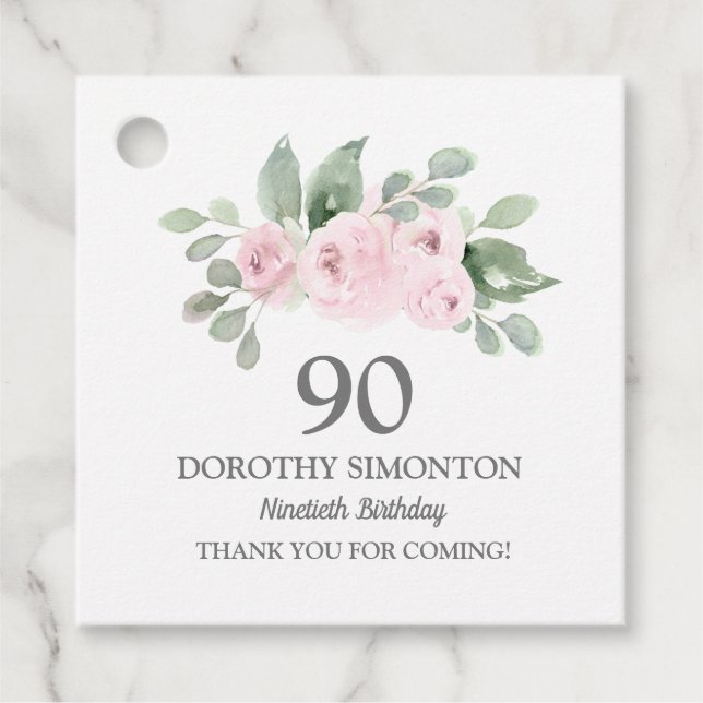 90th Birthday Party Pink Rose Eucalyptus Favour Tags (Front)