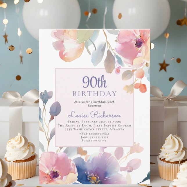 90th Birthday Party Pink Watercolor Floral Invitation (Creator Uploaded)